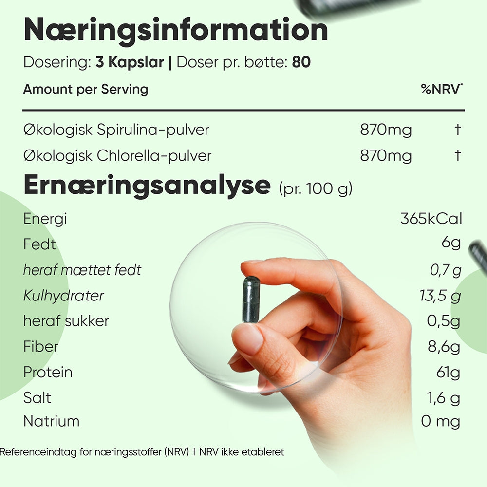Øko spirulina og chlorella 1740 mg